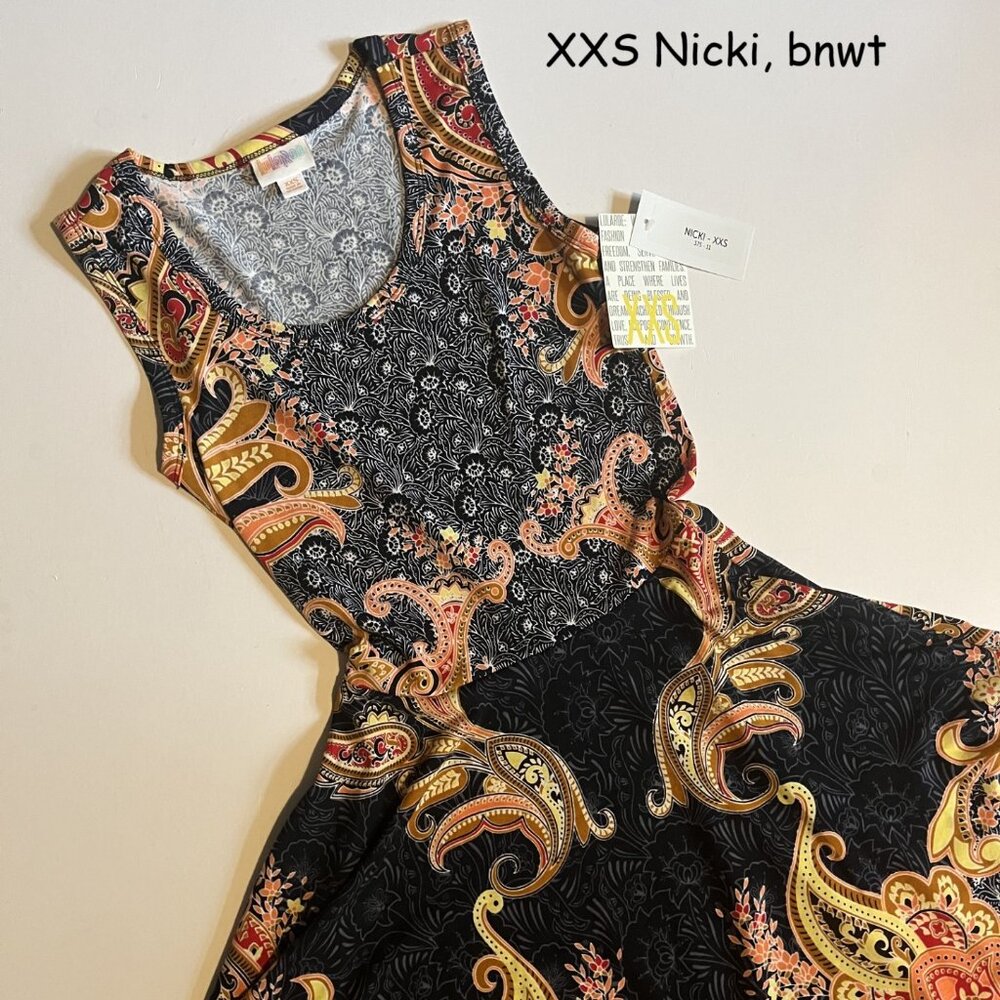 XXS Lularoe Nicki dress, black with yellow and orange paisleys